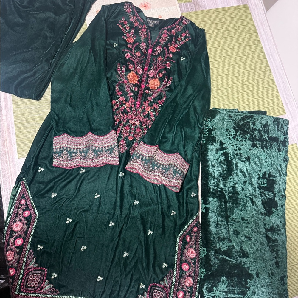 Limelight Dark Green Embroidered Women's Dress with Pink Accents